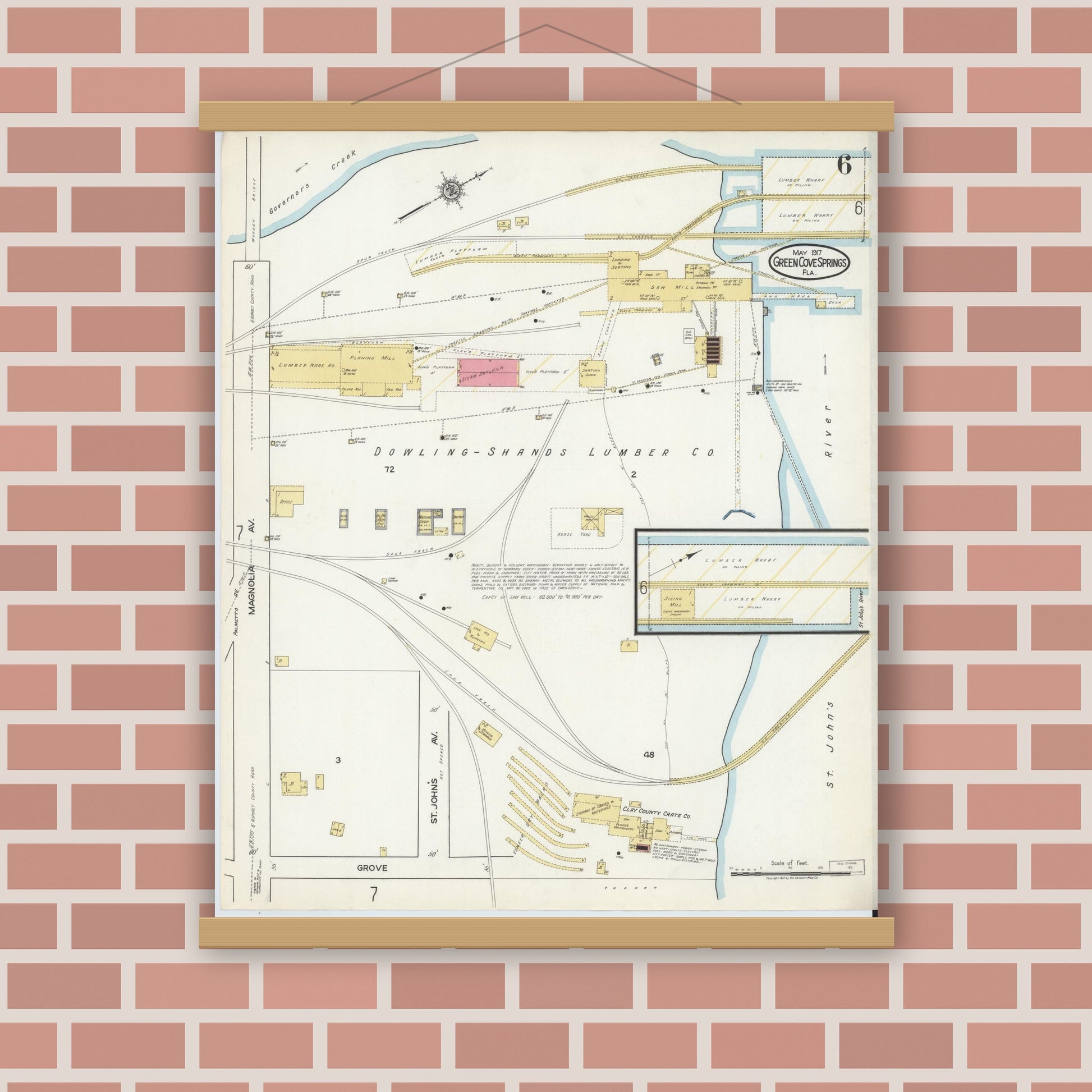 Old map wall art mockup — magnetic wood frame on brick wall — Sanborn Fire Insurance Map from Green Cove Springs, Clay County, Florida (1917), Sheet #0006