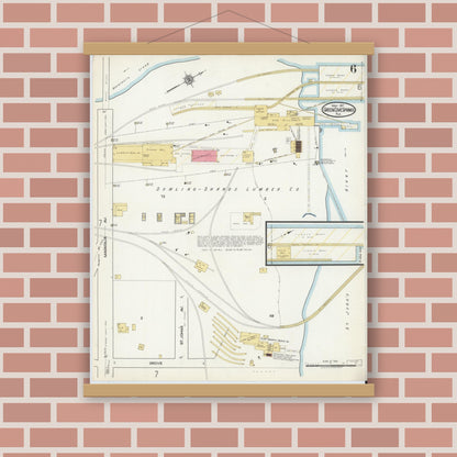 Old map wall art mockup — magnetic wood frame on brick wall — Sanborn Fire Insurance Map from Green Cove Springs, Clay County, Florida (1917), Sheet #0006