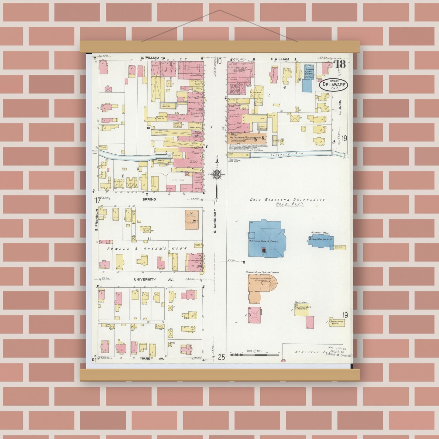 Old map wall art mockup — magnetic wood frame on brick wall — Sanborn Fire Insurance Map from Delaware, Delaware County, Ohio (1911), Sheet #0018