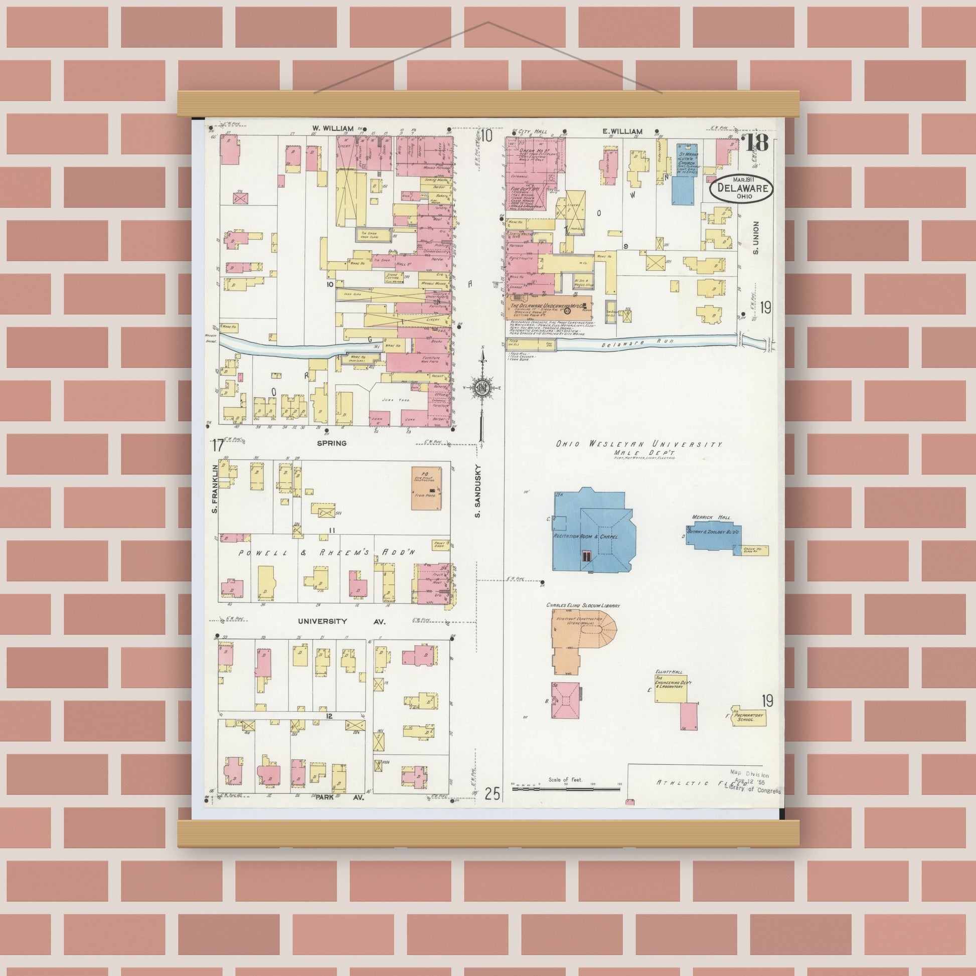Old map wall art mockup — magnetic wood frame on brick wall — Sanborn Fire Insurance Map from Delaware, Delaware County, Ohio (1911), Sheet #0018