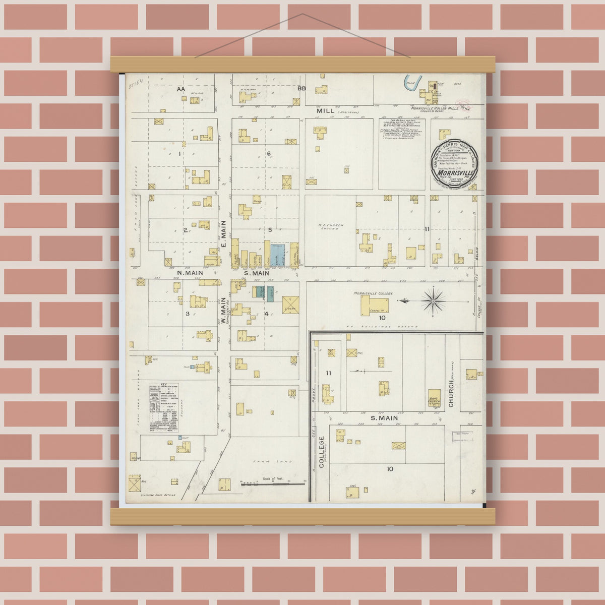 Old map wall art mockup — magnetic wood frame on brick wall — Sanborn Fire Insurance Map from Morrisville, Polk County, Missouri (1893), Sheet #0001
