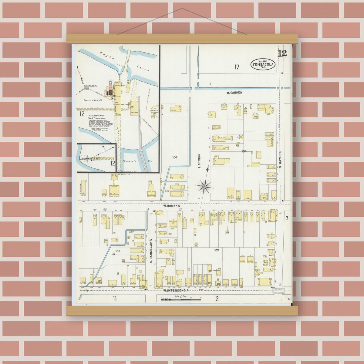 Old map wall art mockup — magnetic wood frame on brick wall — Sanborn Fire Insurance Map from Pensacola, Escambia County, Florida (1897), Sheet #0012
