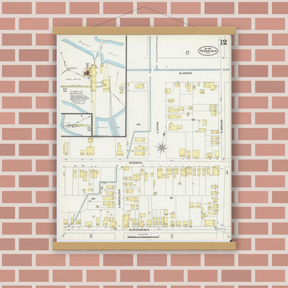 Old map wall art mockup — magnetic wood frame on brick wall — Sanborn Fire Insurance Map from Pensacola, Escambia County, Florida (1897), Sheet #0012