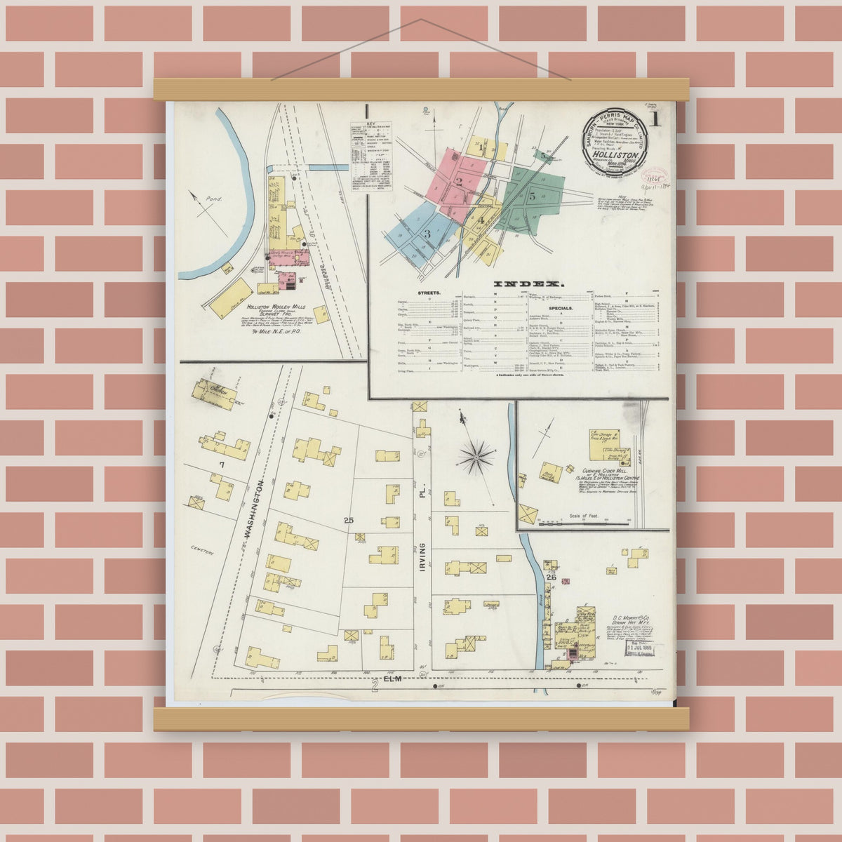 Old map wall art mockup — magnetic wood frame on brick wall — Sanborn Fire Insurance Map from Holliston, Middlesex County, Massachusetts (1894) - Complete Map Set