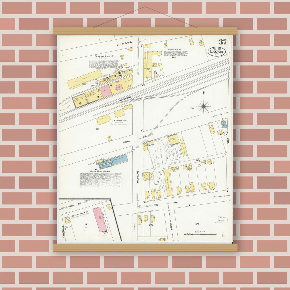 Old map wall art mockup — magnetic wood frame on brick wall — Sanborn Fire Insurance Map from Lockport, Niagara County, New York (1909), Sheet #0037
