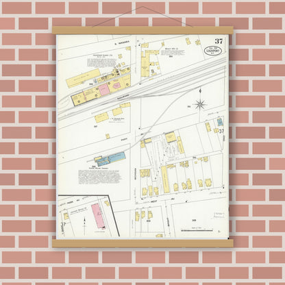 Old map wall art mockup — magnetic wood frame on brick wall — Sanborn Fire Insurance Map from Lockport, Niagara County, New York (1909), Sheet #0037