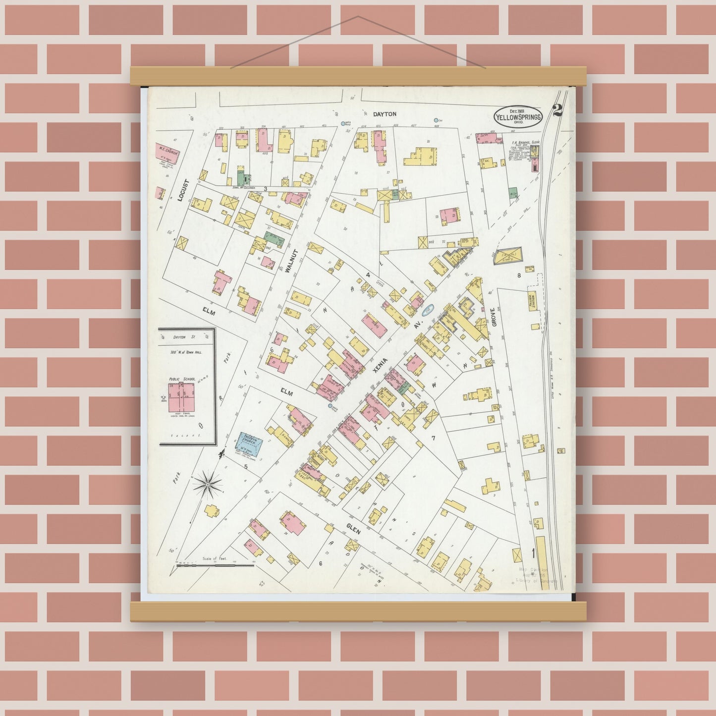 Old map wall art mockup — magnetic wood frame on brick wall — Sanborn Fire Insurance Map from Yellow Springs, Greene County, Ohio (1901), Sheet #0002