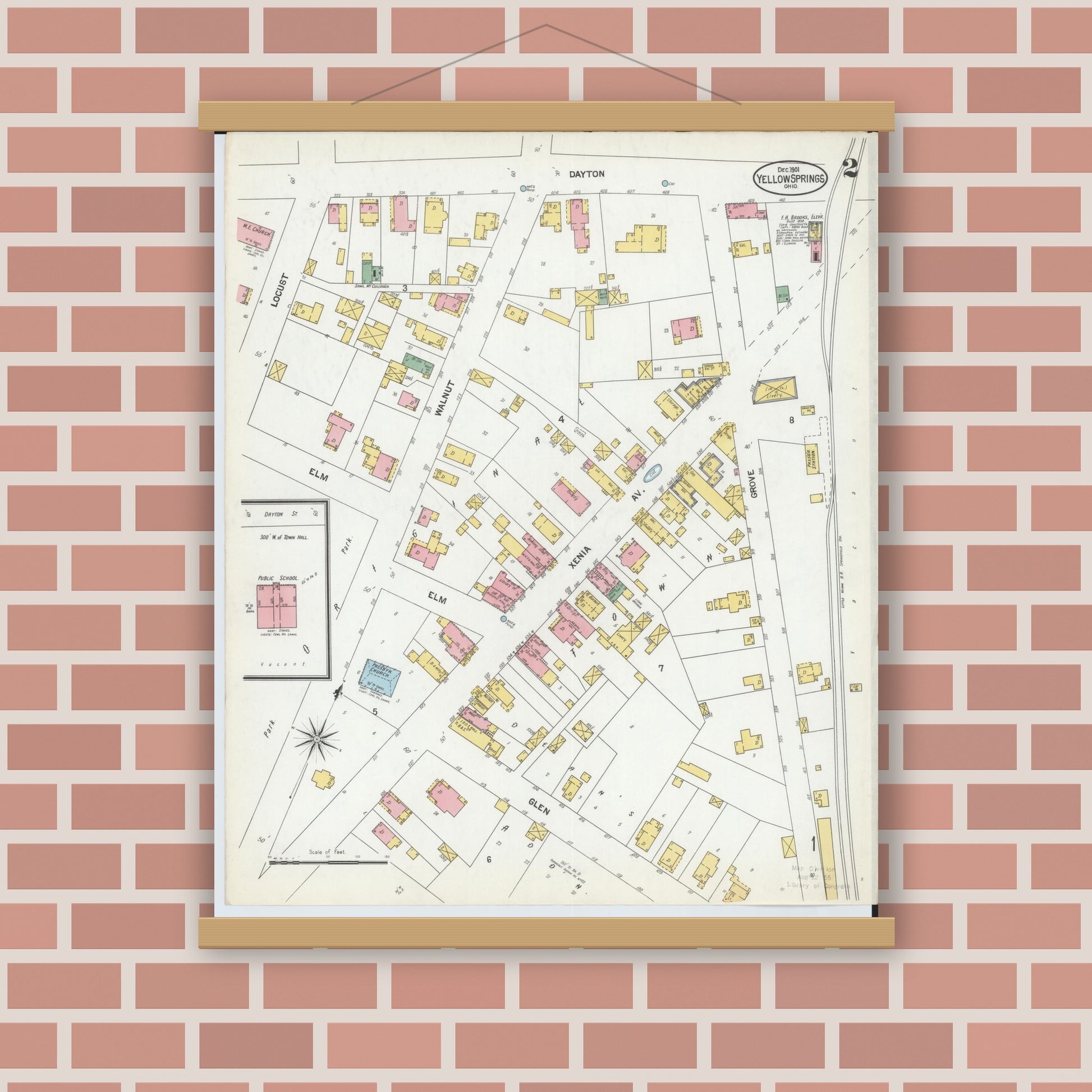 Old map wall art mockup — magnetic wood frame on brick wall — Sanborn Fire Insurance Map from Yellow Springs, Greene County, Ohio (1901), Sheet #0002