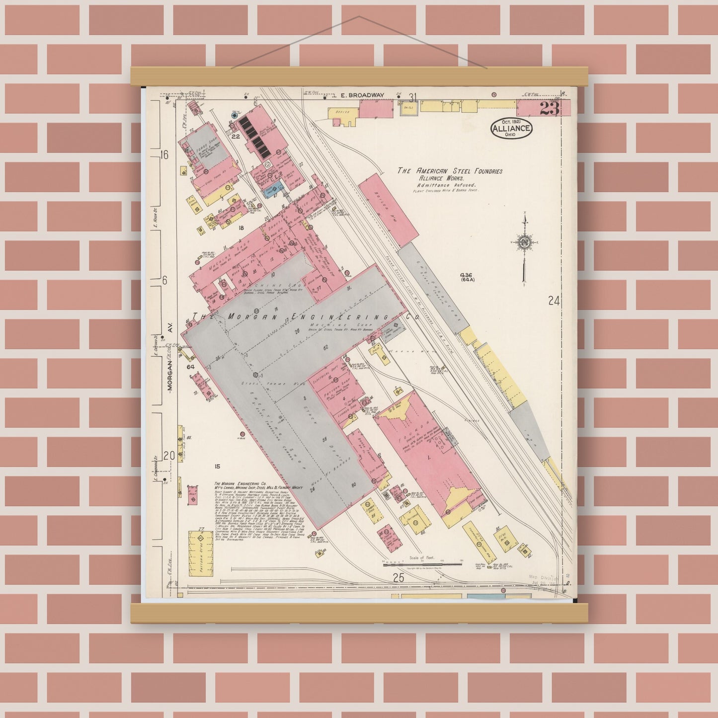 Old map wall art mockup — magnetic wood frame on brick wall — Sanborn Fire Insurance Map from Alliance, Stark County, Ohio (1921), Sheet #0023