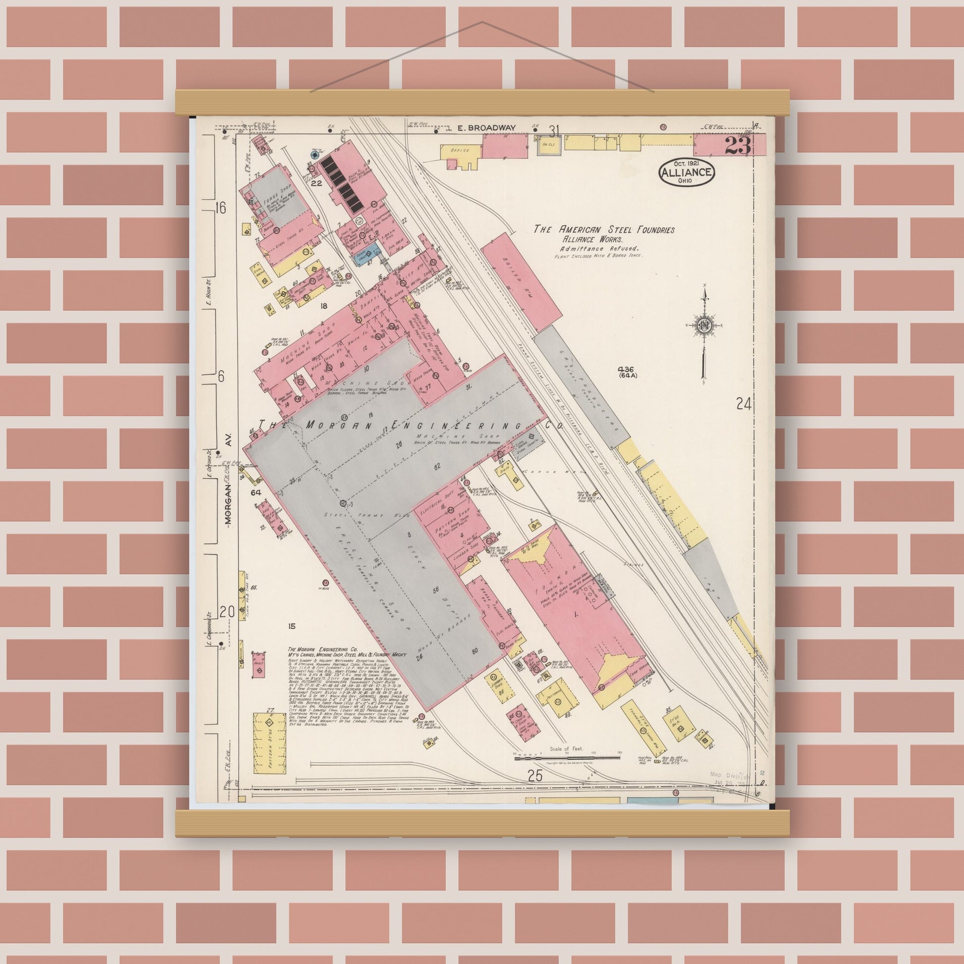 Old map wall art mockup — magnetic wood frame on brick wall — Sanborn Fire Insurance Map from Alliance, Stark County, Ohio (1921), Sheet #0023