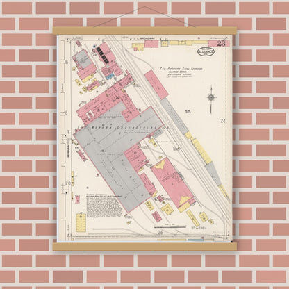 Old map wall art mockup — magnetic wood frame on brick wall — Sanborn Fire Insurance Map from Alliance, Stark County, Ohio (1921), Sheet #0023