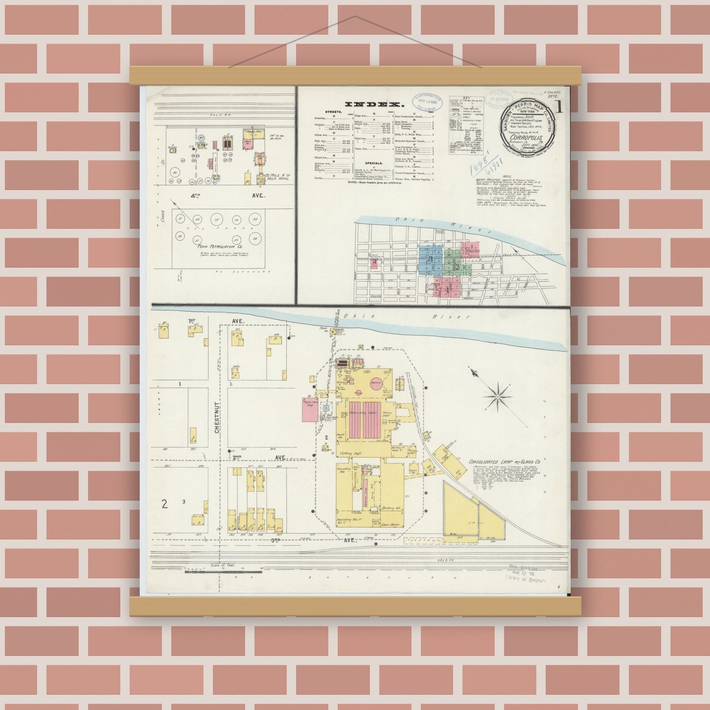 Old map wall art mockup — magnetic wood frame on brick wall — Sanborn Fire Insurance Map from Coraopolis, Allegheny County, Pennsylvania (1898) - Complete Map Set