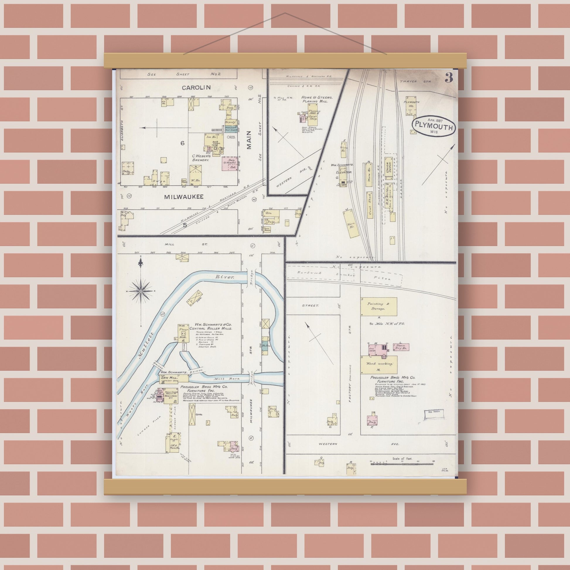 Old map wall art mockup — magnetic wood frame on brick wall — Sanborn Fire Insurance Map from Plymouth, Sheboygan County, Wisconsin (1887), Sheet #0003