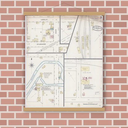 Old map wall art mockup — magnetic wood frame on brick wall — Sanborn Fire Insurance Map from Plymouth, Sheboygan County, Wisconsin (1887), Sheet #0003