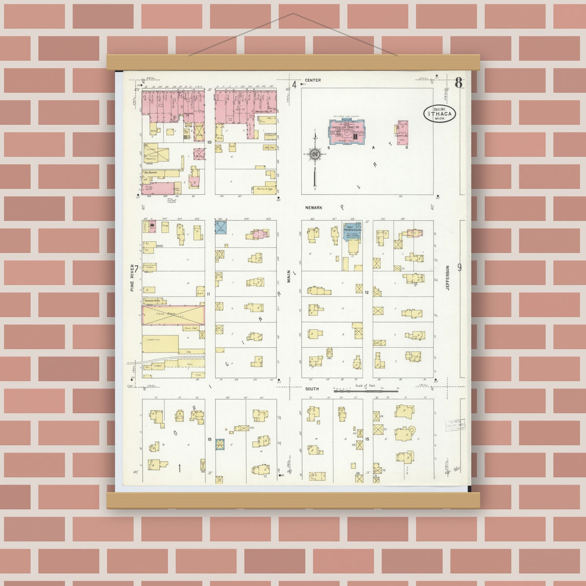 Old map wall art mockup — magnetic wood frame on brick wall — Sanborn Fire Insurance Map from Ithaca, Gratiot County, Michigan (1911), Sheet #0008