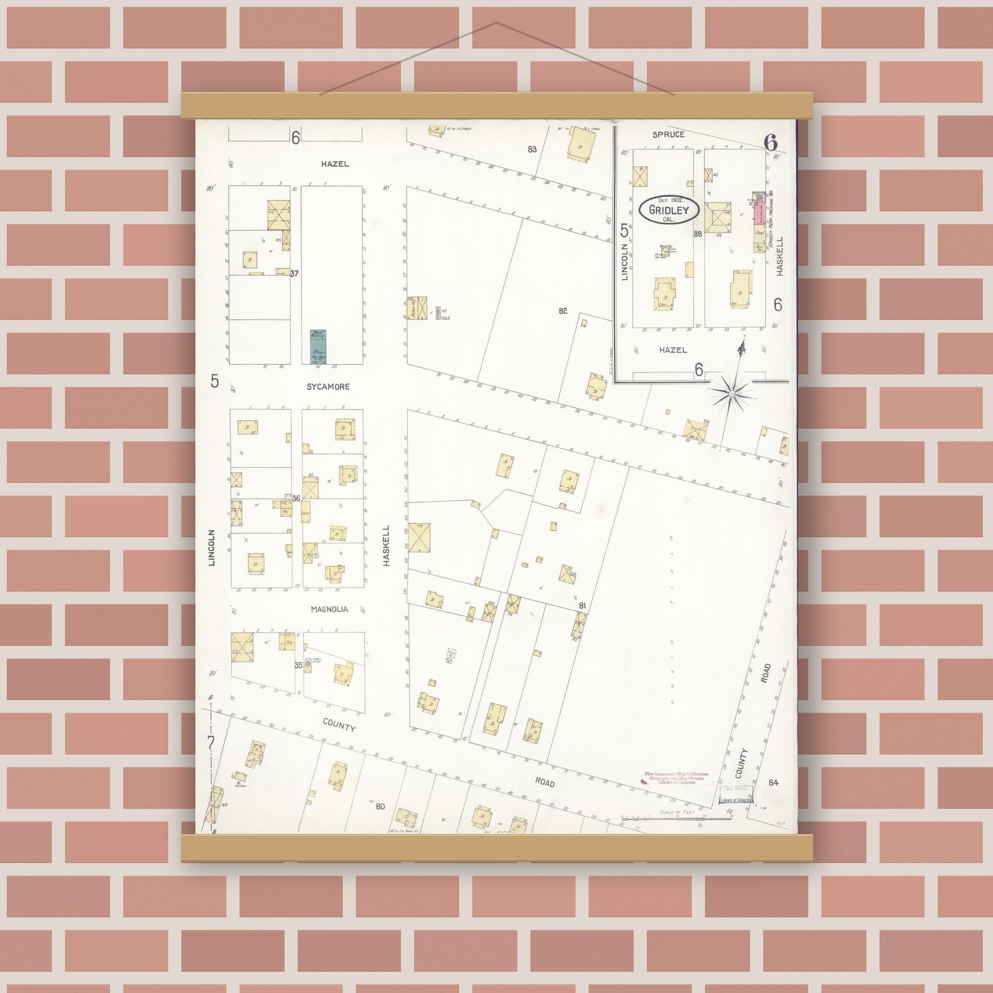 Old map wall art mockup — magnetic wood frame on brick wall — Sanborn Fire Insurance Map from Gridley, Butte County, California (1902), Sheet #0006