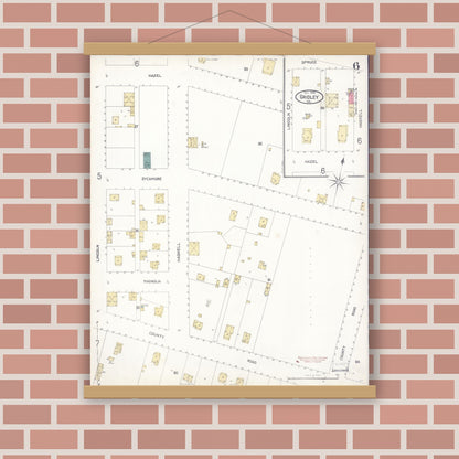 Old map wall art mockup — magnetic wood frame on brick wall — Sanborn Fire Insurance Map from Gridley, Butte County, California (1902), Sheet #0006