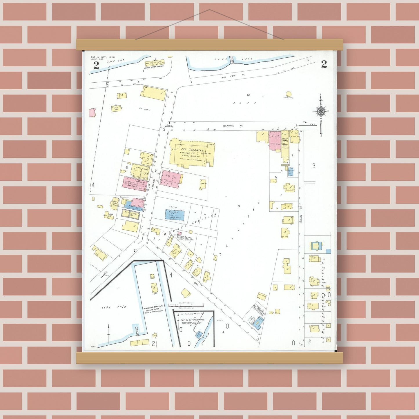 Old map wall art mockup — magnetic wood frame on brick wall — Sanborn Fire Insurance Map from Put-in-bay, Ottawa County, Ohio (1950), Sheet #0002