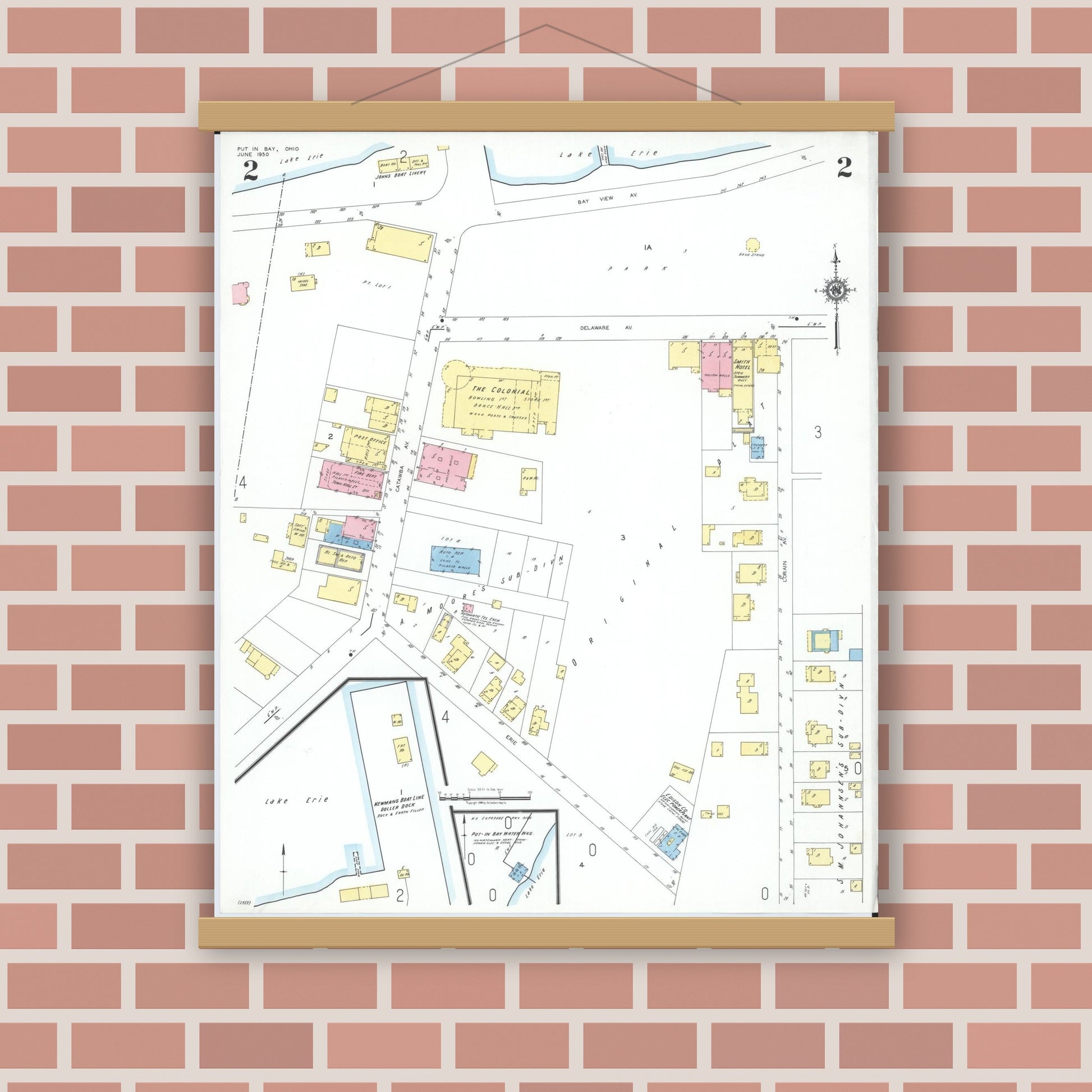 Old map wall art mockup — magnetic wood frame on brick wall — Sanborn Fire Insurance Map from Put-in-bay, Ottawa County, Ohio (1950), Sheet #0002