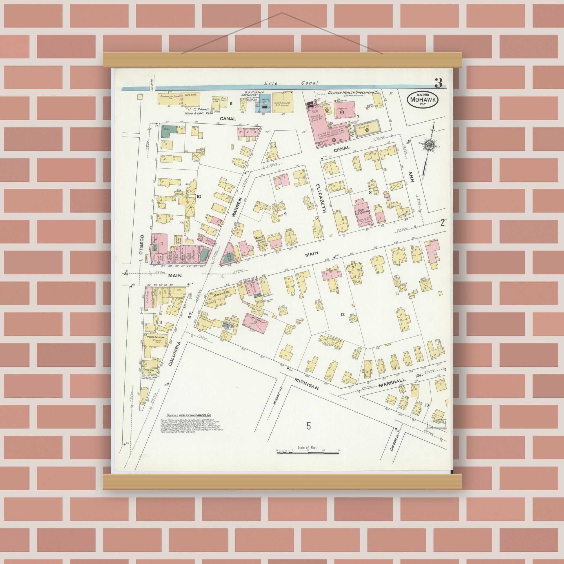 Old map wall art mockup — magnetic wood frame on brick wall — Sanborn Fire Insurance Map from Mohawk, Herkimer County, New York (1910), Sheet #0003