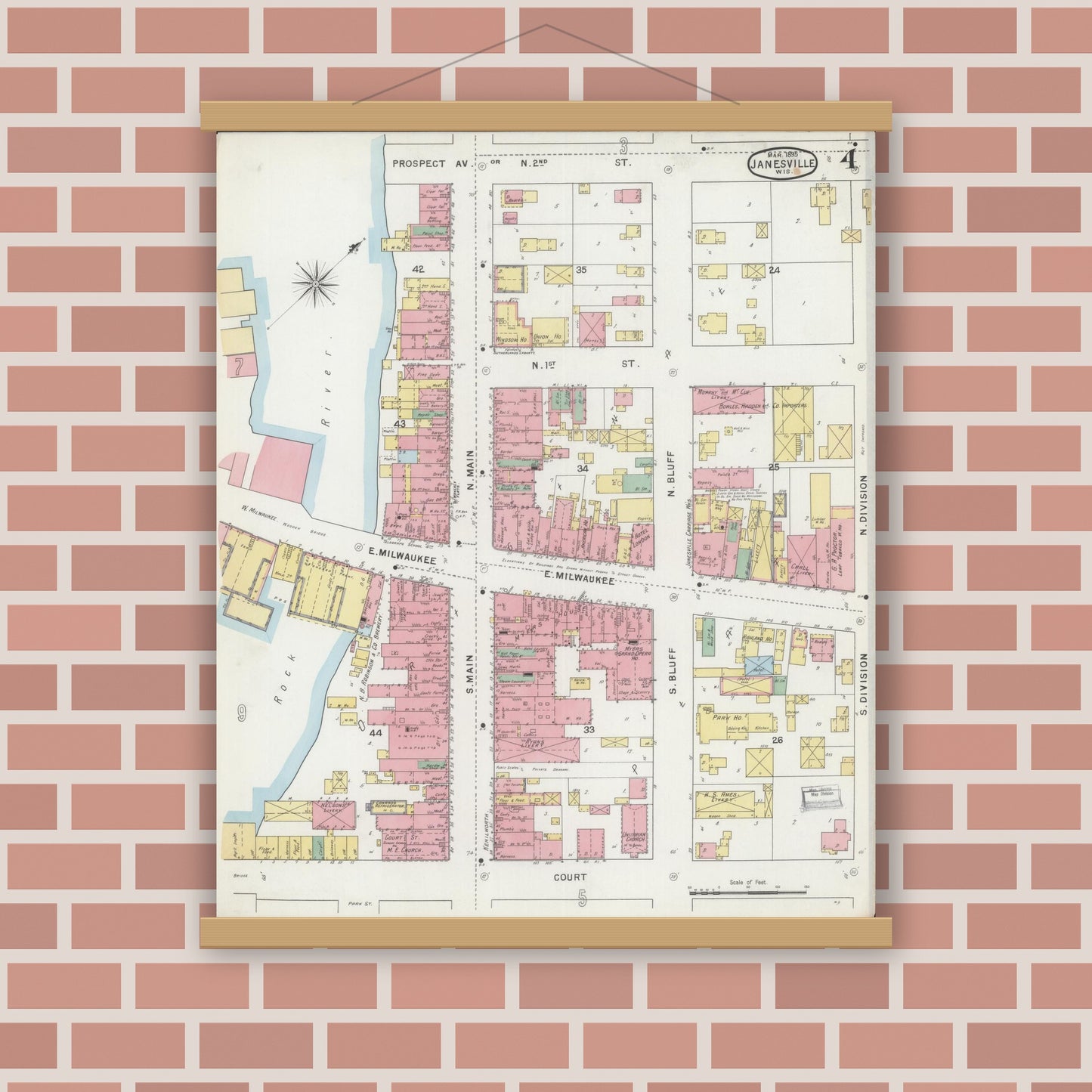 Old map wall art mockup — magnetic wood frame on brick wall — Sanborn Fire Insurance Map from Janesville, Rock County, Wisconsin (1895), Sheet #0004