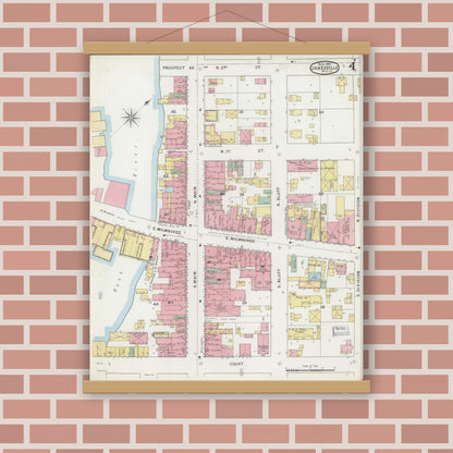 Old map wall art mockup — magnetic wood frame on brick wall — Sanborn Fire Insurance Map from Janesville, Rock County, Wisconsin (1895), Sheet #0004