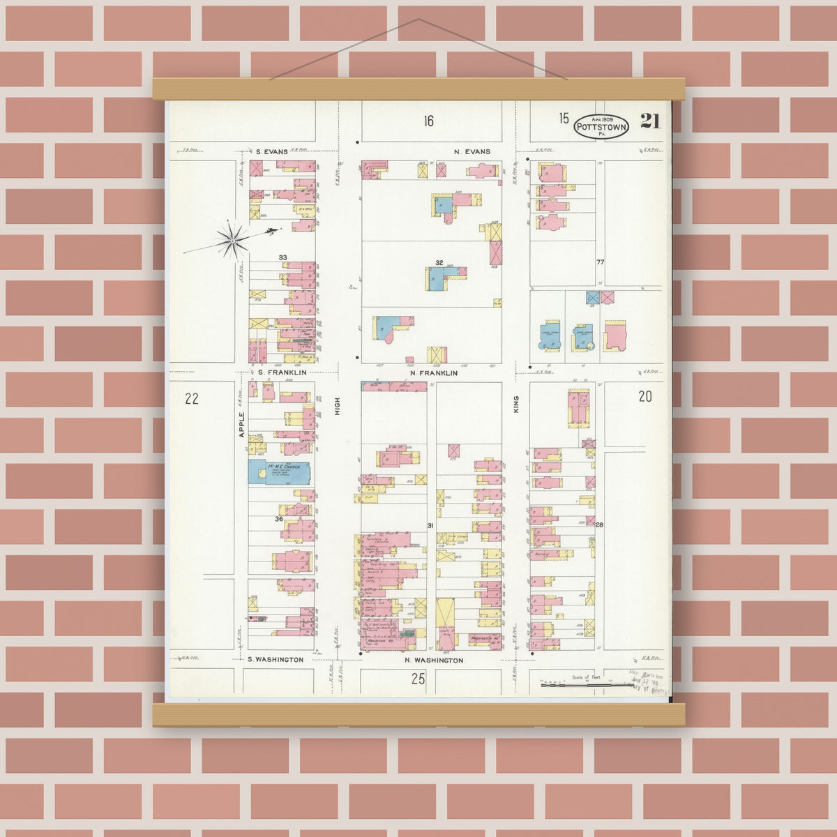 Old map wall art mockup — magnetic wood frame on brick wall — Sanborn Fire Insurance Map from Pottstown, Montgomery County, Pennsylvania (1909), Sheet #0021