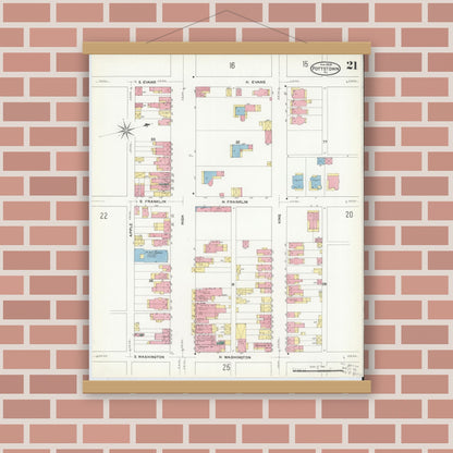 Old map wall art mockup — magnetic wood frame on brick wall — Sanborn Fire Insurance Map from Pottstown, Montgomery County, Pennsylvania (1909), Sheet #0021