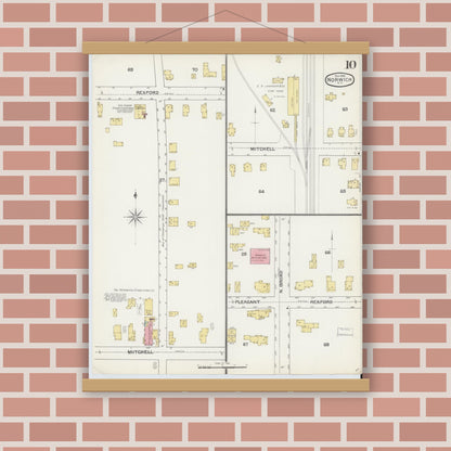 Old map wall art mockup — magnetic wood frame on brick wall — Sanborn Fire Insurance Map from Norwich, Chenango County, New York (1892), Sheet #0010