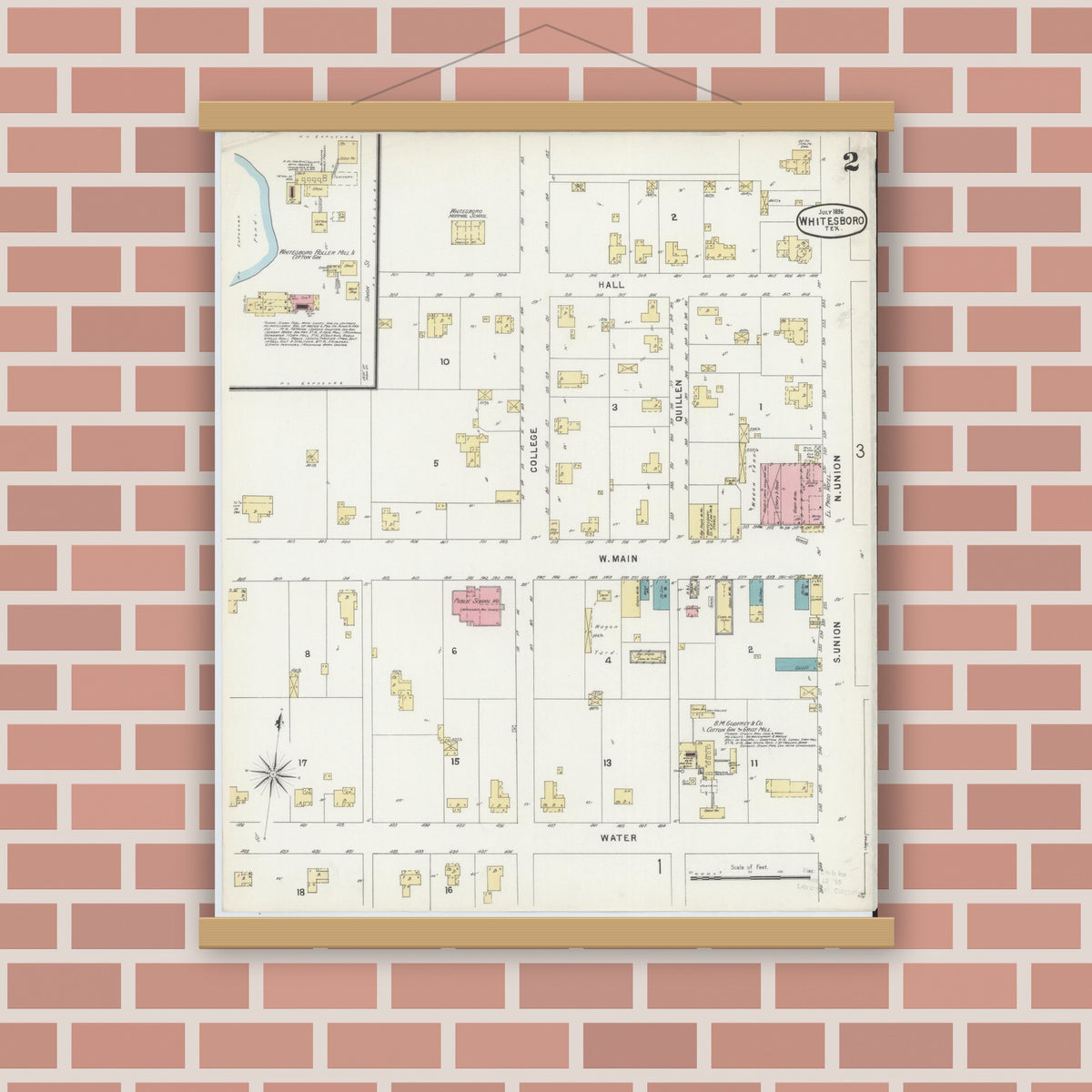 Old map wall art mockup — magnetic wood frame on brick wall — Sanborn Fire Insurance Map from Whitesboro, Grayson County, Texas (1896), Sheet #0002