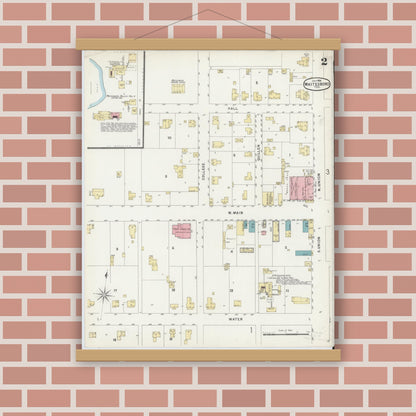 Old map wall art mockup — magnetic wood frame on brick wall — Sanborn Fire Insurance Map from Whitesboro, Grayson County, Texas (1896), Sheet #0002