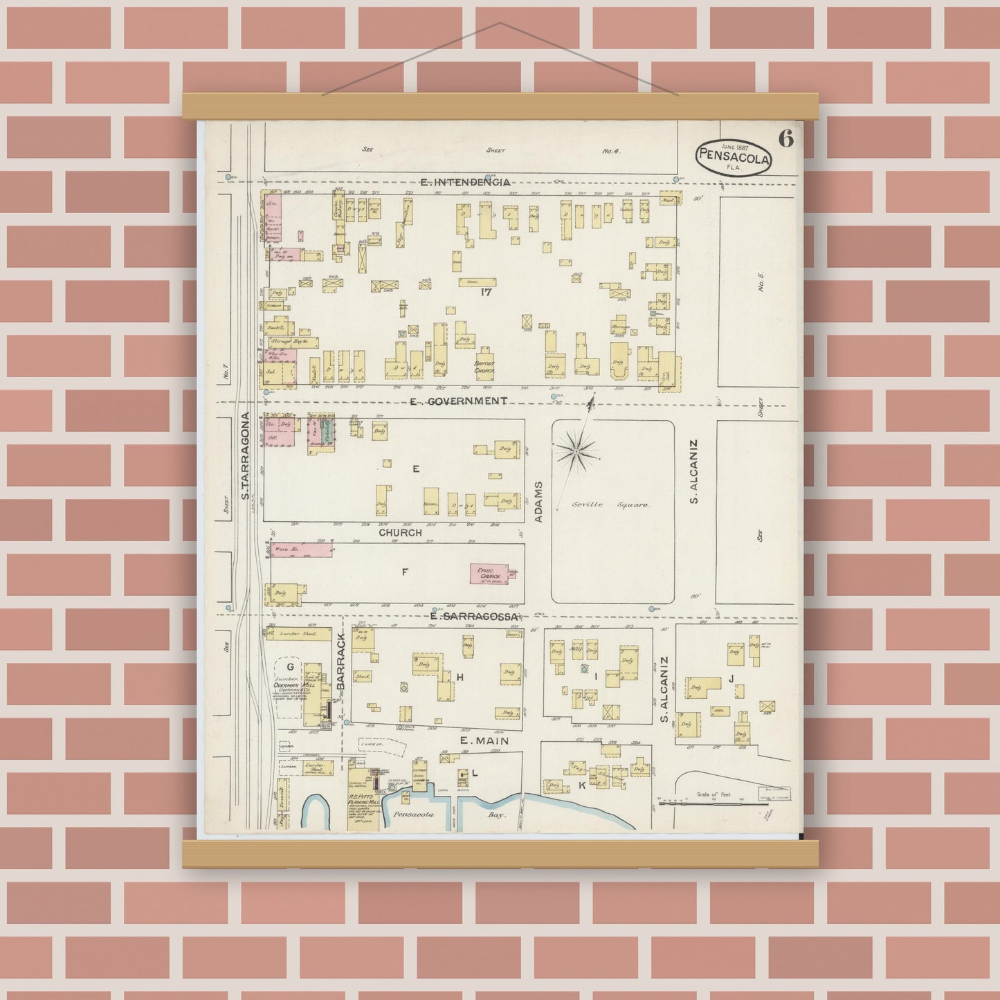 Old map wall art mockup — magnetic wood frame on brick wall — Sanborn Fire Insurance Map from Pensacola, Escambia County, Florida (1887), Sheet #0006
