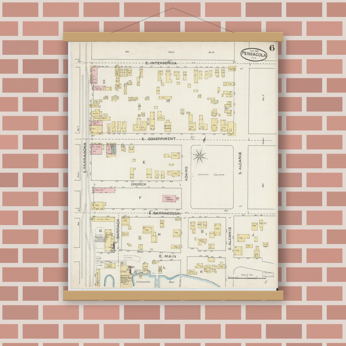 Old map wall art mockup — magnetic wood frame on brick wall — Sanborn Fire Insurance Map from Pensacola, Escambia County, Florida (1887), Sheet #0006