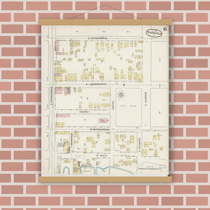 Old map wall art mockup — magnetic wood frame on brick wall — Sanborn Fire Insurance Map from Pensacola, Escambia County, Florida (1887), Sheet #0006