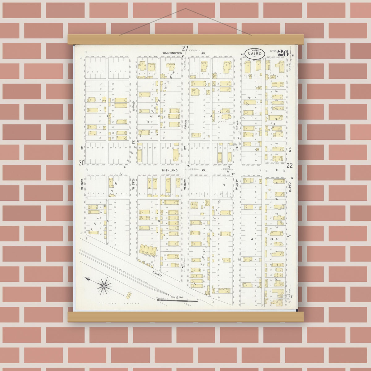 Old map wall art mockup — magnetic wood frame on brick wall — Sanborn Fire Insurance Map from Cairo, Alexander County, Illinois (1907), Sheet #0026