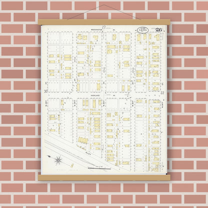 Old map wall art mockup — magnetic wood frame on brick wall — Sanborn Fire Insurance Map from Cairo, Alexander County, Illinois (1907), Sheet #0026