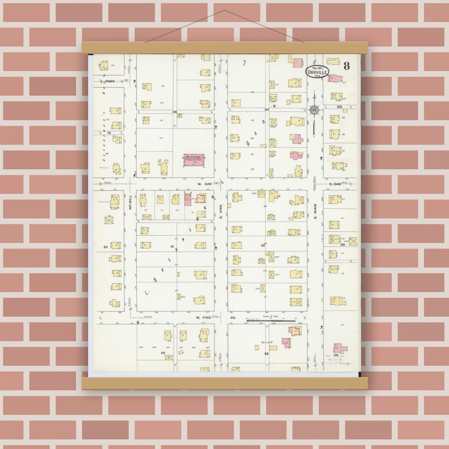 Old map wall art mockup — magnetic wood frame on brick wall — Sanborn Fire Insurance Map from Orrville, Wayne County, Ohio (1911), Sheet #0008