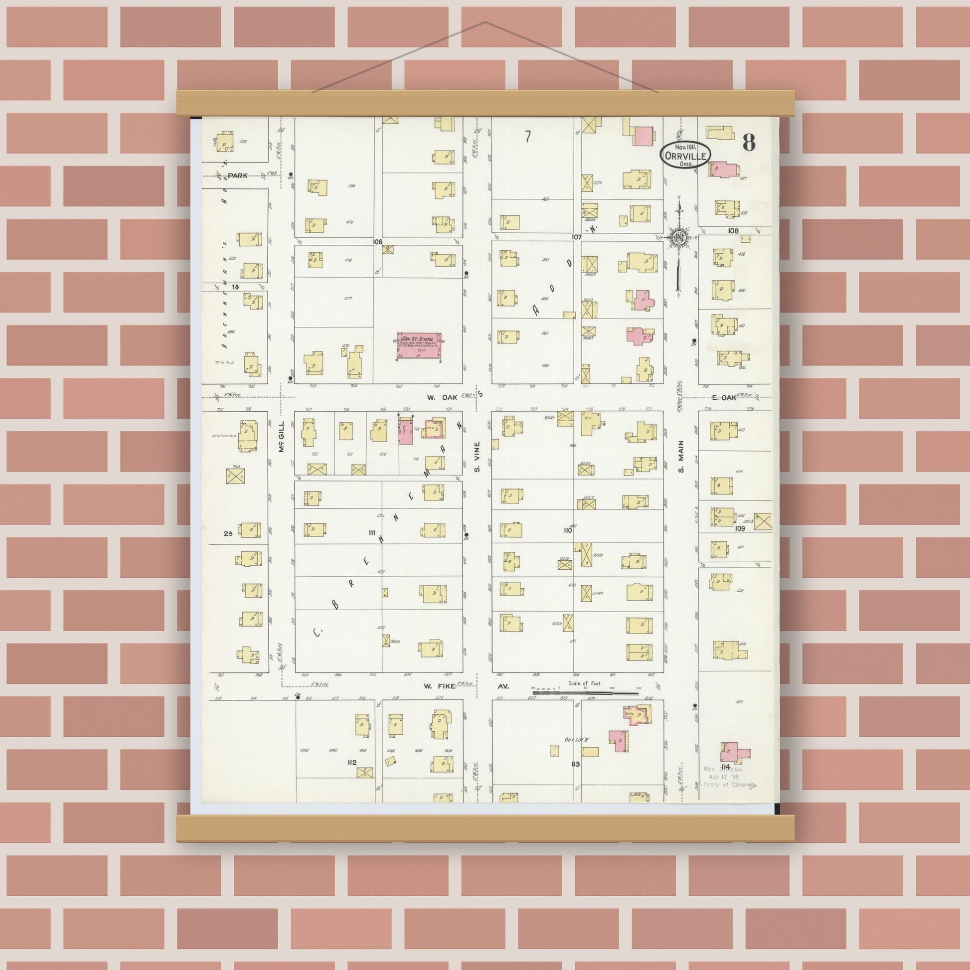 Old map wall art mockup — magnetic wood frame on brick wall — Sanborn Fire Insurance Map from Orrville, Wayne County, Ohio (1911), Sheet #0008