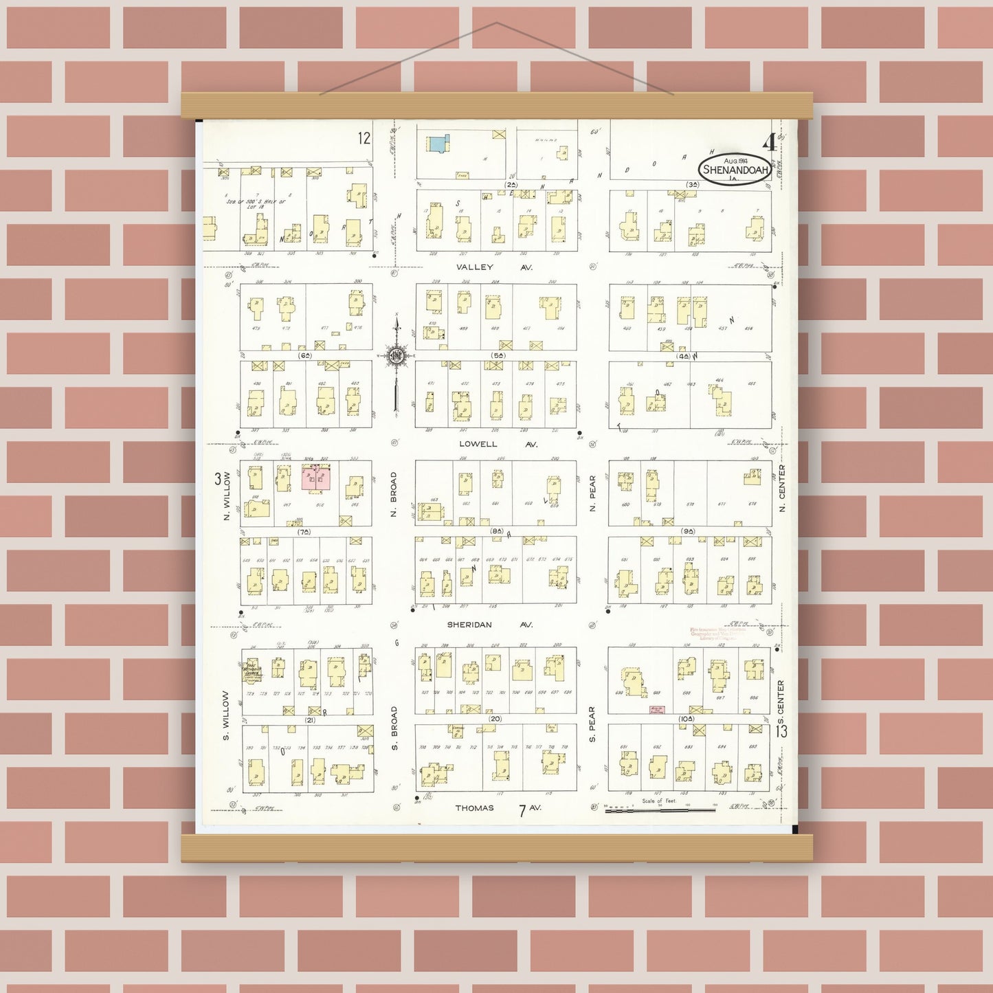 Old map wall art mockup — magnetic wood frame on brick wall — Sanborn Fire Insurance Map from Shenandoah, Page County, Iowa (1914), Sheet #0004