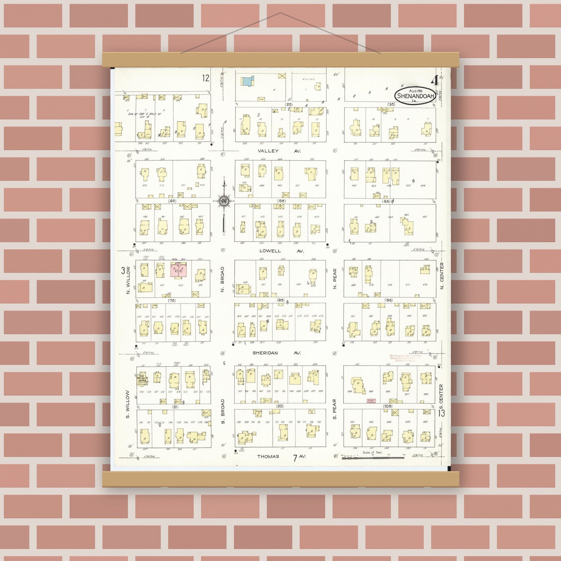 Old map wall art mockup — magnetic wood frame on brick wall — Sanborn Fire Insurance Map from Shenandoah, Page County, Iowa (1914), Sheet #0004
