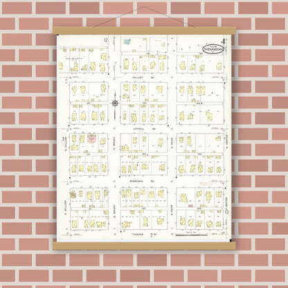 Old map wall art mockup — magnetic wood frame on brick wall — Sanborn Fire Insurance Map from Shenandoah, Page County, Iowa (1914), Sheet #0004