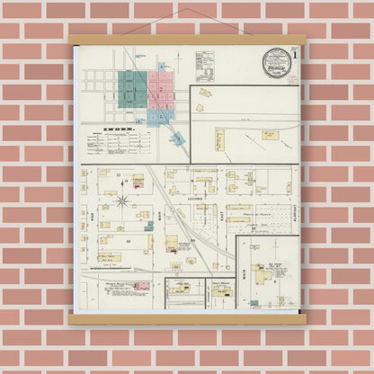 Old map wall art mockup — magnetic wood frame on brick wall — Sanborn Fire Insurance Map from Arcanum, Darke County, Ohio (1895), Sheet #0001