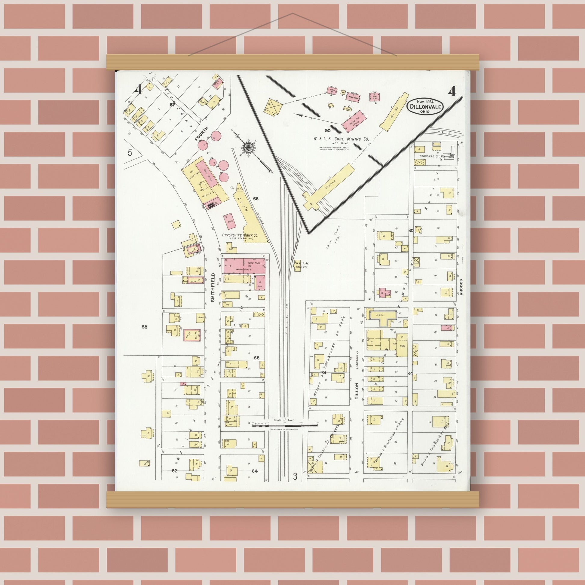 Old map wall art mockup — magnetic wood frame on brick wall — Sanborn Fire Insurance Map from Dillonvale, Jefferson County, Ohio (1924), Sheet #0004