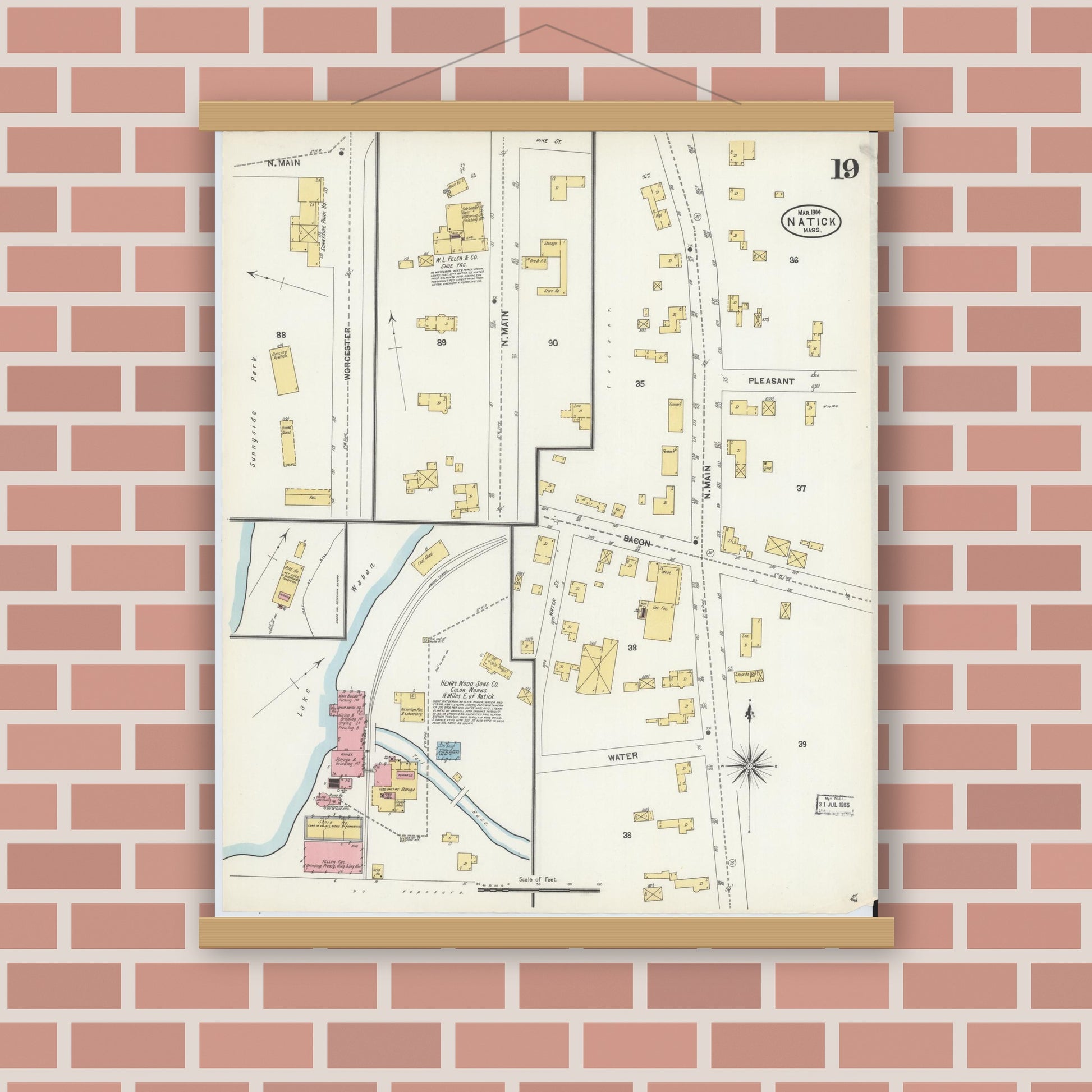 Old map wall art mockup — magnetic wood frame on brick wall — Sanborn Fire Insurance Map from Natick, Middlesex County, Massachusetts (1904), Sheet #0019