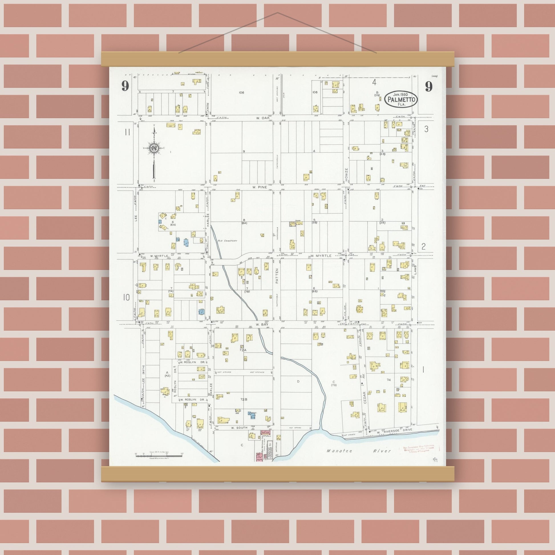 Old map wall art mockup — magnetic wood frame on brick wall — Sanborn Fire Insurance Map from Palmetto, Manatee County, Florida (1930), Sheet #0009