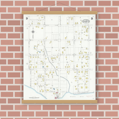 Old map wall art mockup — magnetic wood frame on brick wall — Sanborn Fire Insurance Map from Palmetto, Manatee County, Florida (1930), Sheet #0009