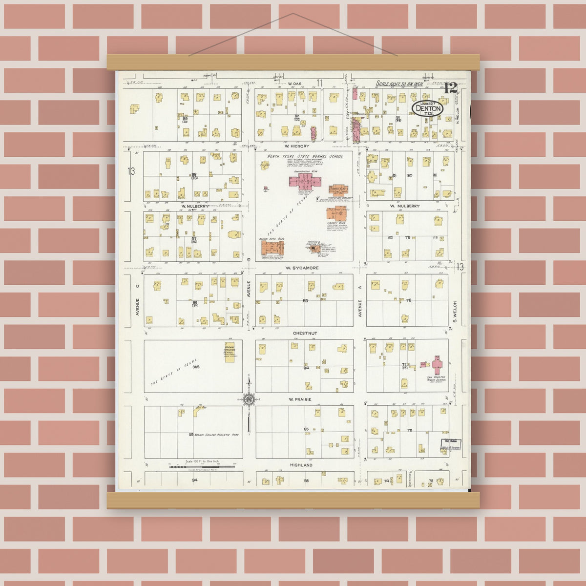 Old map wall art mockup — magnetic wood frame on brick wall — Sanborn Fire Insurance Map from Denton, Denton County, Texas (1917), Sheet #0012