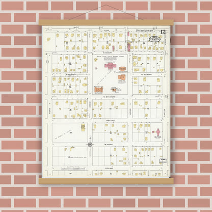 Old map wall art mockup — magnetic wood frame on brick wall — Sanborn Fire Insurance Map from Denton, Denton County, Texas (1917), Sheet #0012
