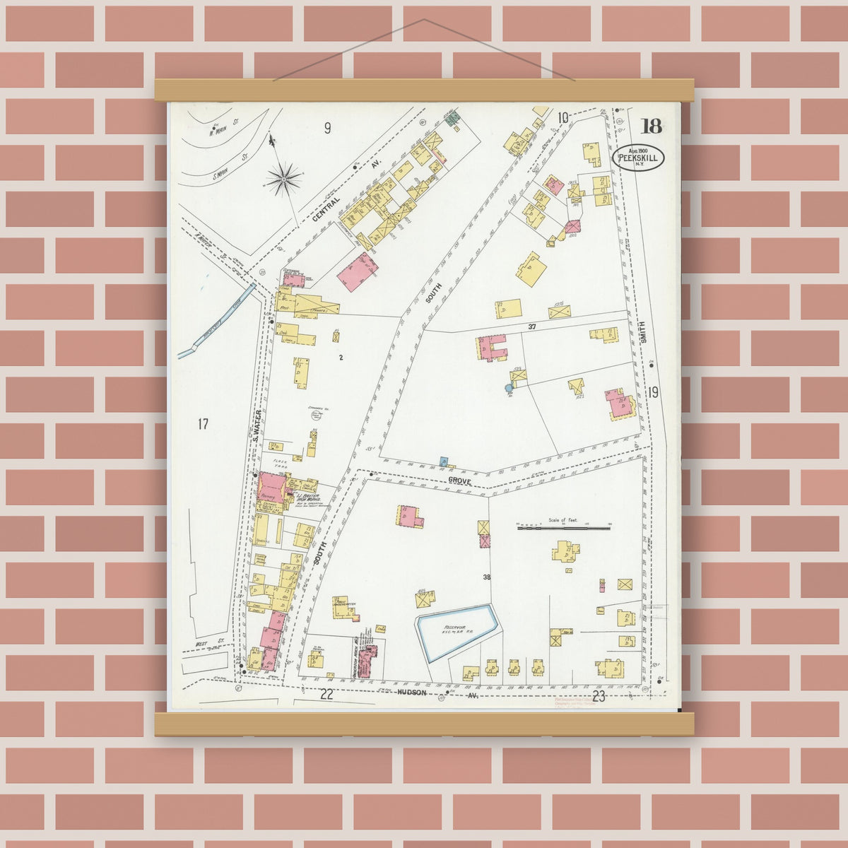 Old map wall art mockup — magnetic wood frame on brick wall — Sanborn Fire Insurance Map from Peekskill, Westchester County, New York (1900), Sheet #0018