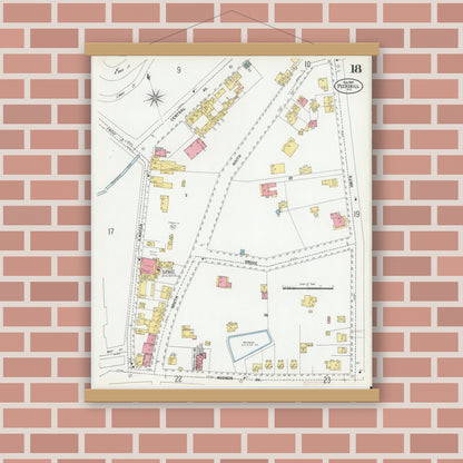 Old map wall art mockup — magnetic wood frame on brick wall — Sanborn Fire Insurance Map from Peekskill, Westchester County, New York (1900), Sheet #0018